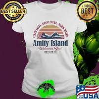 Clear skies gentlesure warm water amity island welcomes you new england usa vintage s Ladies tee