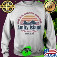Clear skies gentlesure warm water amity island welcomes you new england usa vintage s Sweater
