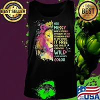 Lion art her messy hair a visible attribute of her stubborn spirit as she shakes it free she smiles knowing wild is her favorite color s Tank top