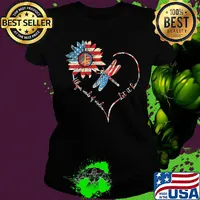 Dragonfly sunflower whisper words of wisdom let it be heart american flag independence day s Ladies tee
