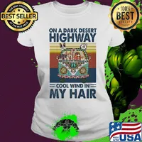 Hippie girl and dogs drive car on a dark desert highway cool wind in my hair s Ladies tee
