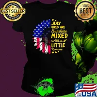 July girls are sunshine mixed with a little hurricane sunflower american flag independence day hearts s Ladies tee