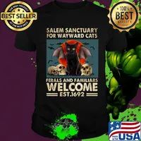 Official Salem Sanctuary Ror Wayward Cats Rerals An Familiars Welcome Est1962 Sunset Skullcap Shirt