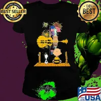 Snoopy and charlie brown firework american flag independence day s Ladies tee
