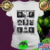 What women want in a man strong silent romantic home loves children dream guy in touch with his feminine side family man horror movie characters s Ladies tee