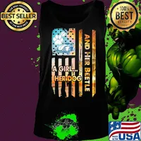 Car a girl her dog and her beetle american flag independence day s Tank top