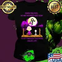 Charlie brown and snoopy dearly beloved we are gathered here today to get through this thing called life moon logo s Ladies tee