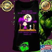 Charlie brown and snoopy dearly beloved we are gathered here today to get through this thing called life moon logo s Tank top