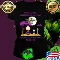 Charlie brown and snoopy dearly beloved we are gathered here today to get through this thing called life moon s Ladies tee