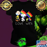 Charlie brown snoopy and woodstock maskholing lgbt flag love wins s Ladies tee