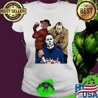 Halloween horror characters freddy krueger jason voorhees and michael myers s Ladies tee