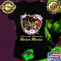 Halloween just a girl who loves horror movies flowers heart black s Ladies tee