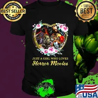 Halloween just a girl who loves horror movies flowers heart black shirt