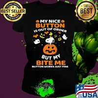 Halloween snoopy and woodstock my nice button is out of order but my bite me button works just fine pumpkin s Ladies tee