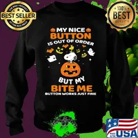 Halloween snoopy and woodstock my nice button is out of order but my bite me button works just fine pumpkin s Sweater