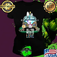 Hippie bus snoopy and charlie brown all you need is love autism cancer awareness s Ladies tee