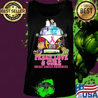 Hippie bus snoopy and charlie brown peace love and cure breast cancer awareness s Tank top