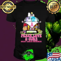 Hippie bus snoopy and charlie brown peace love and cure breast cancer awareness shirt