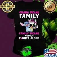 Stitch ohana means family means nobody fights alone cancer awareness american flag independence day s Ladies tee