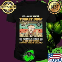 1st annual wkrp turkey drop november 22 1978 as god is my witness i thought turkeys could fly vintage retro black shirt