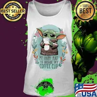 Baby yoda hug dunkin donuts my happy place is inside my coffee cup flowers s Tank top