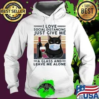 Black cat mask i love social distancing just give me a glass and leave me alone vintage retro s Hoodie