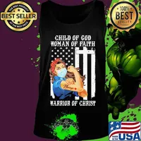 Child of god woman of faith warrior of christ Strong girl mask tattoo nurse American flag s Tank top