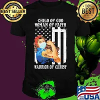 Child of god woman of faith warrior of christ Strong girl mask tattoo nurse American flag shirt