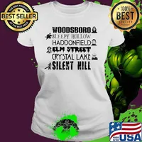 Halloween horror characters woodsboro sleepy hollow haddonfield elm street crystal lake silent hill s Ladies tee