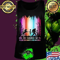 Horse alien and bigfoot into the darkness we go io lose our mind and find our souls s Tank top