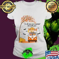 IT'S THE TIME MOST WONDERFUL TIME OF THE YEAR PEACE BUS CORGI PUMPKIN HALLOWEEN SHIRT Ladies tee