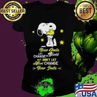 Snoopy and woodstock your smile let change the world but don't let the world change your smile s Ladies tee