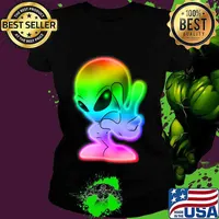 Colorful Alien Peace Sign UFO Alien Gift T-Shirt Ladies tee