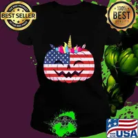 Cute Unicorn Pumpkin Halloween USA flag for girls and women T-Shirt Ladies tee