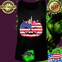 Cute Unicorn Pumpkin Halloween USA flag for girls and women T-Shirt Tank top