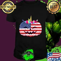 Cute Unicorn Pumpkin Halloween USA flag for girls and women T-Shirt