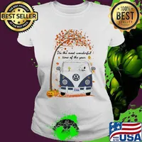 Dog and woodstock riding peace bus it's the most wonderful time of the year leaves tree s Ladies tee