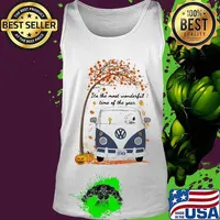 Dog and woodstock riding peace bus it's the most wonderful time of the year leaves tree s Tank top