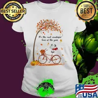 Dog riding bicycle bus it's the most wonderful time of the year leaves tree s Ladies tee