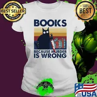 Halloween black cat hold knife books because murder is wrong vintage retro s Ladies tee