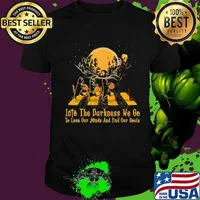 Halloween cat and skeleton into the darkness we go to lose our minds and fund our souls shirt