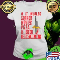 Mens Halloween Horror Movies Pizza & Beer Count Me In T-Shirt Ladies tee