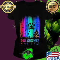 Official dog groomer colors bats pumpkin halloween s Ladies tee