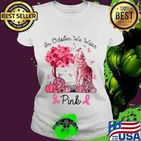 On October We Wear Pink Wolf Autumn Fall Breast Cancer T-Shirt Ladies tee