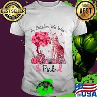 On October We Wear Pink Wolf Autumn Fall Breast Cancer T-Shirt