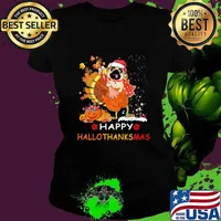 Pug turkey happy hallothanksmas halloween thanksgiving christmas s Ladies tee