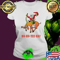 Merry christmas santa claus riding reindeer ho ho yee ha s Ladies tee