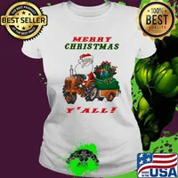 Merry christmas santa claus riding tractor y'all s Ladies tee