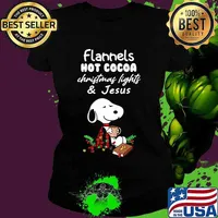 Snoopy flannels hot cocoa christmas lights and jesus s Ladies tee