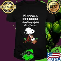 Snoopy flannels hot cocoa christmas lights and jesus shirt
